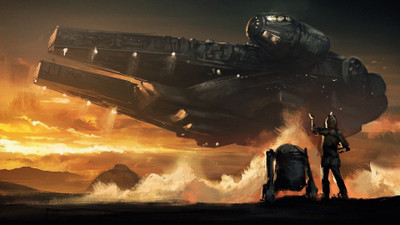 

Aabhaas Wall Poster Star-Wars-C-PO-Millennium-Falcon-R-D-sunset-clouds-painting Paper Print(12 inch X 18 inch, Rolled)