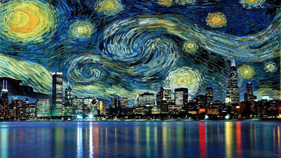

Aabhaas Wall Poster -cityscape-skyscraper-reflection-painting-Vincent-van-Gogh-movies-water-Chicago-The-Starry-Night Paper Print(12 inch X 18 inch, Rolled)