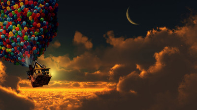 

Akhuratha Wall Poster digital-art-movies-sky-clear-sky-moon-balloons-house-flying-sunset Paper Print(12 inch X 18 inch, Rolled)