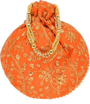 

Bagaholics Ethnic Clutch Silk Potli Batwa Pouch Bag with Metal Beadwork Gift For Women Potli(Orange)
