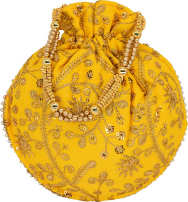 

Bagaholics Ethnic Clutch Silk Potli Batwa Pouch Bag with Metal Beadwork Gift For Women Potli(Yellow)