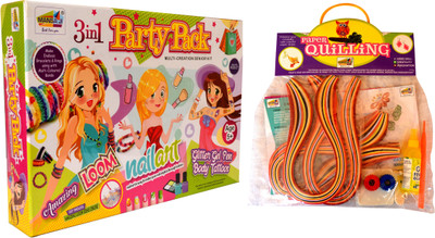 

Mansaji 3 in 1 Party Pack Sr. Amazing Loom and Nail Art and Body Tattoos Glitter Pen with Paper Quilling No.4 (Combo Pack of 2)