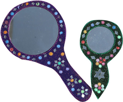 

Kuber Industries Handmade Mirror Round shape Beautifully Carved in Moti & Mirror work Set of 2 Pcs (Large+ Small) Hand21