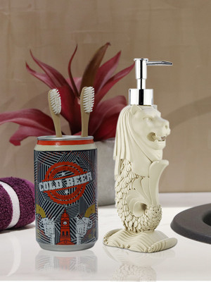 

Shresmo Shresmo Fusion Polyresin Soap or Lotion Dispenser with Toothbrush Holder, 2 Piece Bathroom Accessories, Gift Set Polyresin Bathroom Set(Pack of 2)