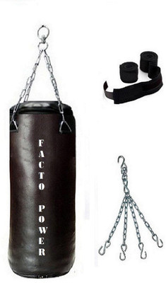

FACTO POWER 5.5 Feet Long, SRF - STANDARD Material, BLACK Color, Unfilled with Chain & 9 Feet Long Black Color Hand Wraps Pair Boxing Kit
