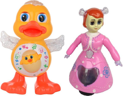 

New Pinch combo of Dancing Duck with Dancing princess doll with light & music for kids(Multicolor)