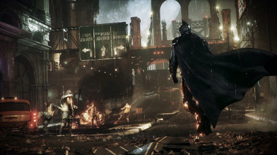 

Aabhaas Wall Poster Batman-Gotham-City-Batman-Arkham-Knight-fire-street-building-smoke-taxi Paper Print(12 inch X 18 inch, Rolled)