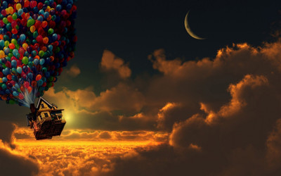 

Aabhaas Wall Poster Up-movie-sunset-balloons-house-moon-crescent-moon-clouds Paper Print(12 inch X 18 inch, Rolled)