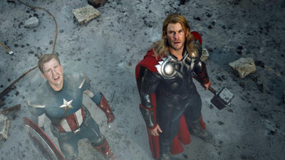 

Akhuratha Wall Poster -movies-The-Avengers-Thor-Captain-America-looking-up-Chris-Hemsworth-Chris-Evans Paper Print(12 inch X 18 inch, Rolled)