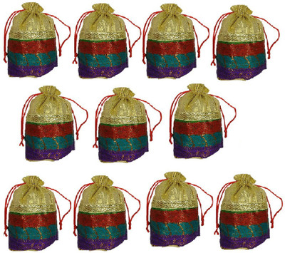 

Addyz Pack of 11 Pieces Small Round Potli Bags Ethnic Stylish Clutch Batwa potli bags Shagun Gift Pouch Potli(Gold)