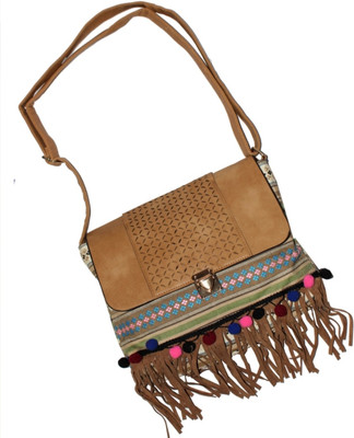 

Tribal Zone Girls Evening/Party Khaki PU, Canvas Sling Bag