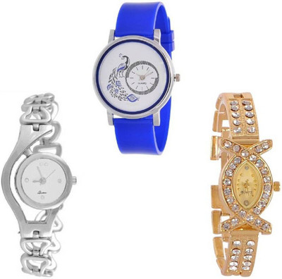 Aaradhya Fashion Combo3 Mor Printed Blue & White & Gold Analogue Watch  - For Women   Watches  (Aaradhya Fashion)