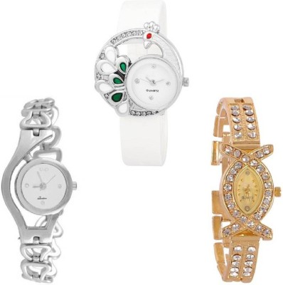 Aaradhya Fashion Combo3 Mor Metal Pink & White & Gold Analogue Watch  - For Women   Watches  (Aaradhya Fashion)