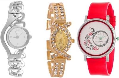 Aaradhya Fashion Combo3 Mor Printed Red & White & Gold Analogue Watch  - For Women   Watches  (Aaradhya Fashion)