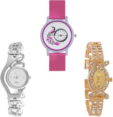 Aaradhya Fashion Combo3 Mor Printed Pink & White & Gold Analogue Watch  - For Women   Watches  (Aaradhya Fashion)