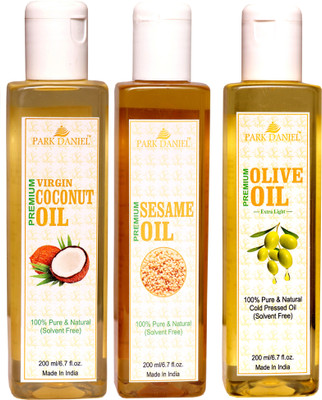 

Park Daniel Extra Light Olive oil, Virgin Coconut oil and Sesame oil Combo pack of 3 bottle of 200 ml(600 ml)(600 ml)