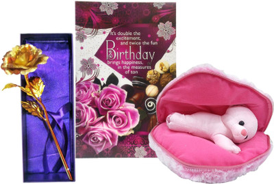 

Natali Traders Birthday Gift Combo - Birthday Greeting Card, Artificial Golden Rose & Soft Teddy Cushion(Set of 3)