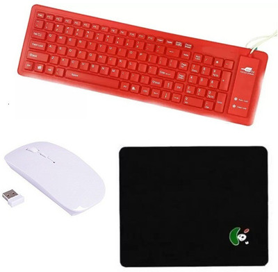

FKU Flexible Red Keyboard With White Ultra Slim Wireless Mouse & Mousepad Combo Set