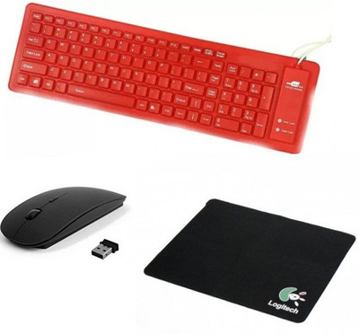 

FKU Flexible Red Keyboard With Black Ultra Slim Wireless Mouse & Mousepad Combo Set