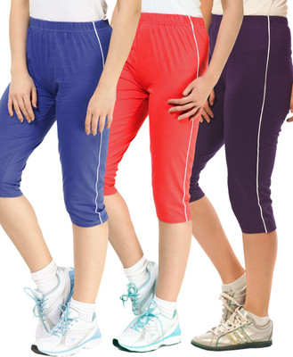 

Minnow Capri For Girls Casual Solid Cotton(Multicolor Pack of 3), Royal/light red/grape