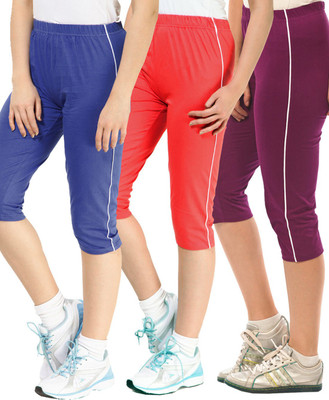 

Minnow Capri For Girls Casual Solid Cotton(Multicolor Pack of 3), Royal/light red/purple