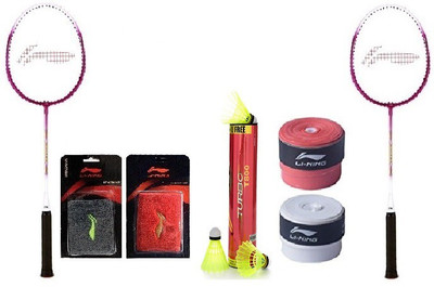 

Li-Ning Combo of Seven, Two 'Smash XP 708' badminton rackets , two wrist bands ,two grips and one 'T 800' shuttle cock box ( pack of 6+1 shuttle cock) (Color On Availability) Badminton Kit