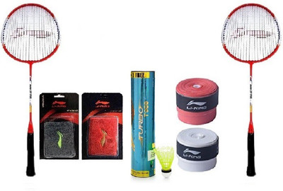 

Li-Ning Combo of Seven, Two 'Smash XP 709' badminton rackets , two wrist bands ,two grips and one 'T 900' shuttle cock box ( pack of 6+1 shuttle cock) (Color On Availability) Badminton Kit