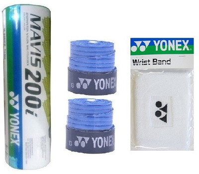 

Yonex Combo of four, One 'Mavis 200i' Nylon Shuttle Cock (Pack of 6) , Two 'E Tech 903' Badminton Grips and One Wrist band (Color On Availability) Badminton Kit