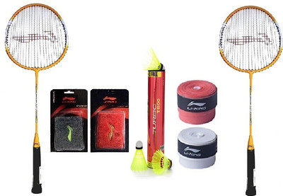 

Li-Ning Combo of Seven, Two 'Smash XP 710' badminton rackets , two wrist bands ,two grips and one 'T 800' shuttle cock box ( pack of 6+1 shuttle cock) (Color On Availability) Badminton Kit