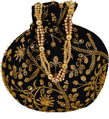 

Bagaholics Ethnic Clutch Silk Potli Batwa Pouch Bag with Metal Beadwork Gift For Women Potli(Black)