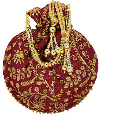 

Bagaholics Ethnic Clutch Silk Potli Batwa Pouch Bag with Metal Beadwork Gift For Women Potli(Maroon)