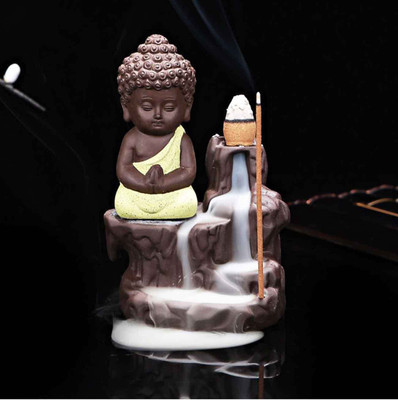 

Craft Junction Handcrafted Meditating Little baby Monk Buddha Smoke Backflow Cone Incense Holder with 10 Sticks Decorative Showpiece - 12 cm(Polyresin, Yellow)