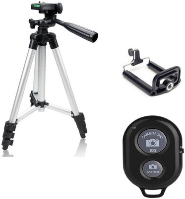 

FKU 3Way Adjustable Aluminum & Extendable Camera-Tripod With Bracket And Camera Remote Control Tripod(Silver, Supports Up to 1000 g)