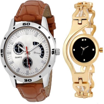 Gopal Retail 004 Brown Leather Strap Cronograph Pattern With Golden Designer Couple Watch For Men And Women Watch Watch  - For Couple   Watches  (Gopal Retail)