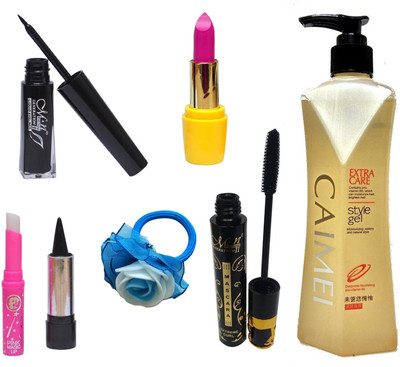 

MN Makeup Combo 7 in 1 (Eyeliner, Mascara, Lipstick, Hair Style Gel, Kajal, Pink Lips and Band)(Set of 7)