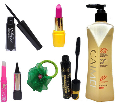 

MN Makeup Combo 7 in 1 (Eyeliner, Mascara, Lipstick, Hair Style Gel, Kajal, Pink Lips and Band)(Set of 7)