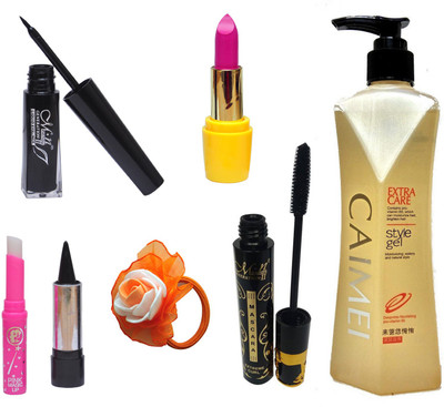 

MN Makeup Combo 7 in 1 (Eyeliner, Mascara, Lipstick, Hair Style Gel, Kajal, Pink Lips and Band)(Set of 7)