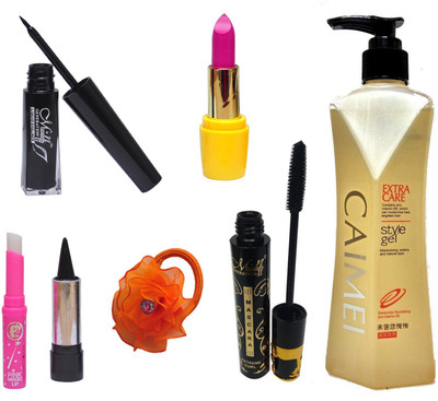 

MN Makeup Combo 7 in 1 (Eyeliner, Mascara, Lipstick, Hair Style Gel, Kajal, Pink Lips and Band)(Set of 7)