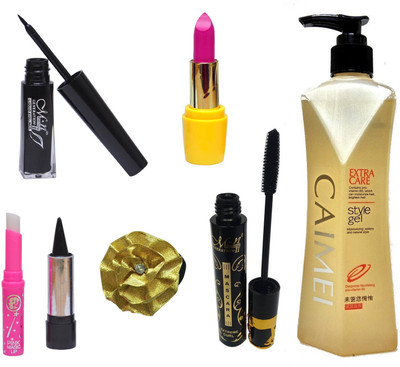 

MN Makeup Combo 7 in 1 (Eyeliner, Mascara, Lipstick, Hair Style Gel, Kajal, Pink Lips and Band)(Set of 7)