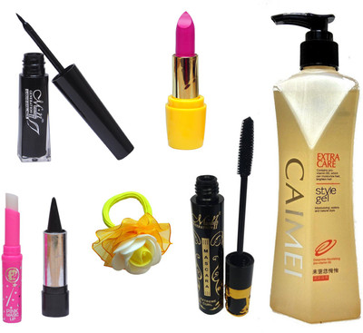 

MN Makeup Combo 7 in 1 (Eyeliner, Mascara, Lipstick, Hair Style Gel, Kajal, Pink Lips and Band)(Set of 7)