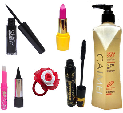 

MN Makeup Combo 7 in 1 (Eyeliner, Mascara, Lipstick, Hair Style Gel, Kajal, Pink Lips and Band)(Set of 7)