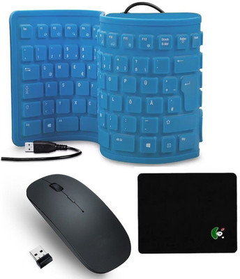 

FKU Flexible Blue Keyboard With Black Ultra Slim Wireless Mouse & Mousepad Combo Set