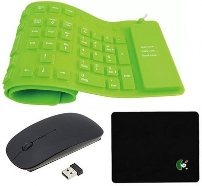 

FKU Flexible Green Keyboard With White Ultra Slim Wireless Mouse & Mousepad Combo Set