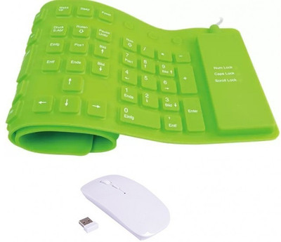 

FKU Flexible Green Keyboard With White Ultra Slim Wireless Mouse Combo Set