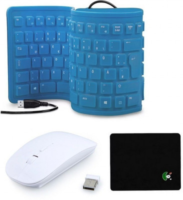 

FKU Flexible Blue Keyboard With White Ultra Slim Wireless Mouse & Mousepad Combo Set