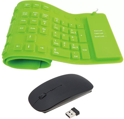 

FKU Flexible Green Keyboard With Black Ultra Slim Wireless Mouse Combo Set