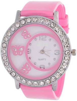 FabSale Butterfly pattern Diamond Studded On Case Pink Pu Strap Analouge Watch - For Girls