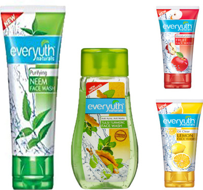 

everyuth naturals NEEM FACE WASH 150 GM. + ANTI ACNE ANTI MARKS TULSI TURMERIC FACE WASH 100 GM. + LEMON FACE WASH 50 GM. + FRUIT FACE WASH 50 GM. Face Wash(50 g)
