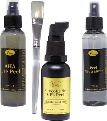 

VACOS Glycolic 50 gel Peel Glycolic Acid 50% 30 ml with Pre Peel Neutralizer Brush Chemical Peel Skin Peeling 30 ml(Set of 4)