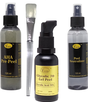 

VACOS Glycolic 70 gel Peel Glycolic Acid 70% 30 ml with Pre Peel Neutralizer Brush Chemical Peel Skin Peeling 30 ml(Set of 4)